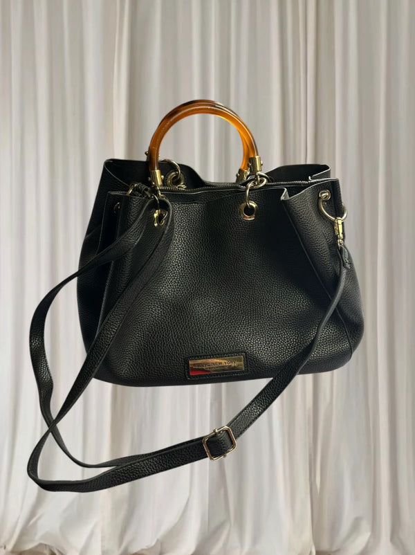 Andrew Marc Black Pebbled Faux Leather Handbag With Wooden Handles - Image 1