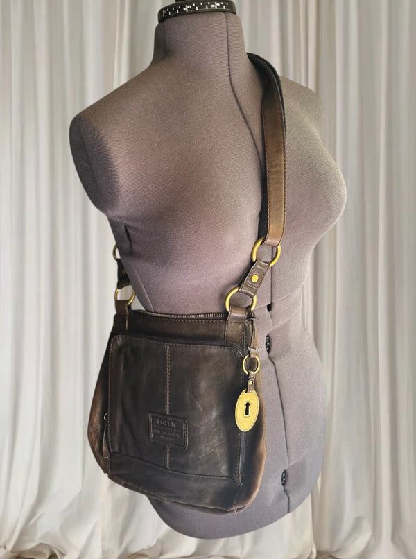 Fossil Key-Per Leather Crossbody Bag - Vintage Brown Shoulder Purse - Image 1