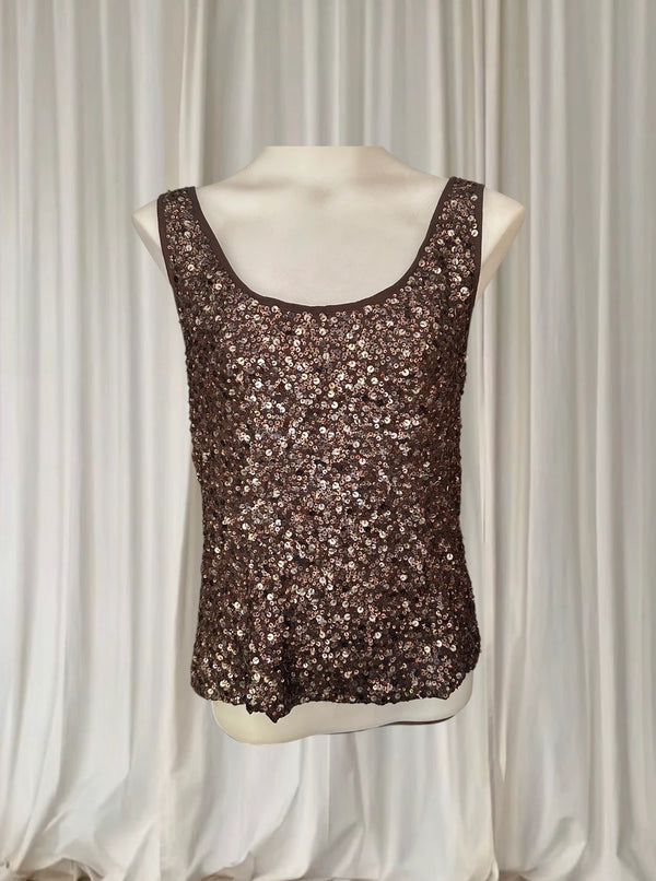 Okira Brown Sequin Beaded Tank Top - 100% Silk Women's Size S-M - Image 1