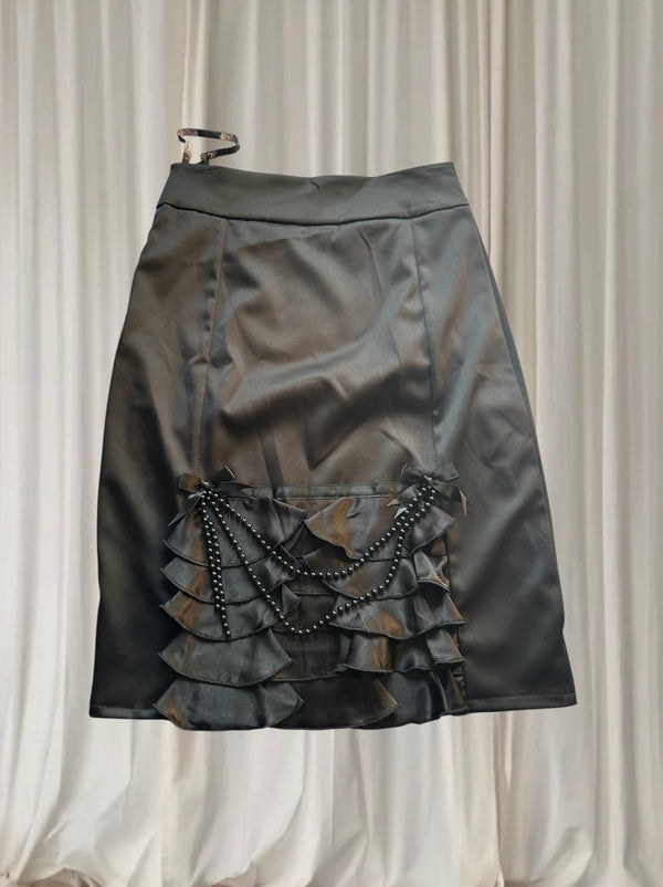 Kitten D'Amour Pencil Skirt - Elegant Black Satin With Ruffled Hem - Image 1