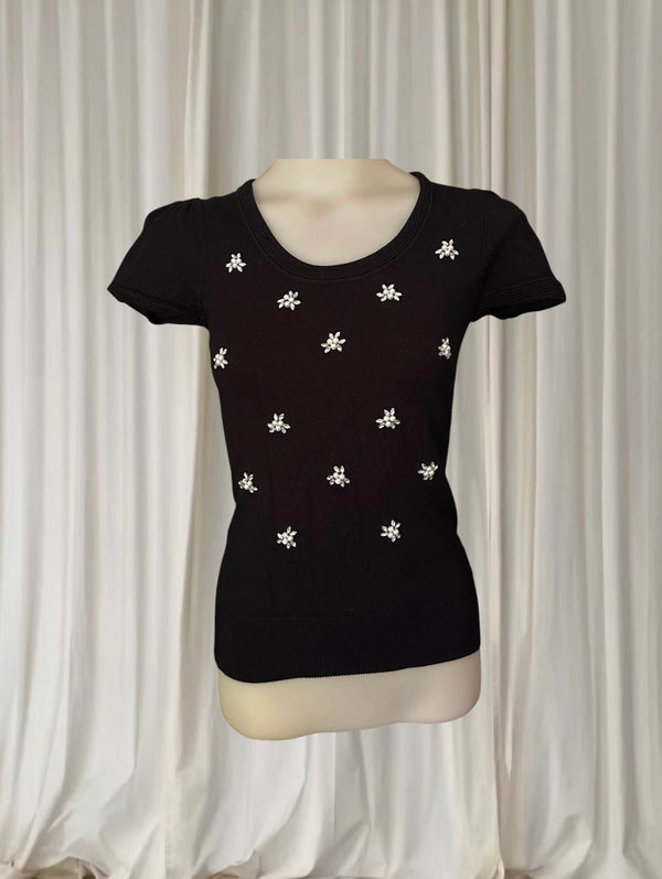 Luxe Apparel Ribbed Knit Top - Rhinestone Flower Embellishments - Image 1
