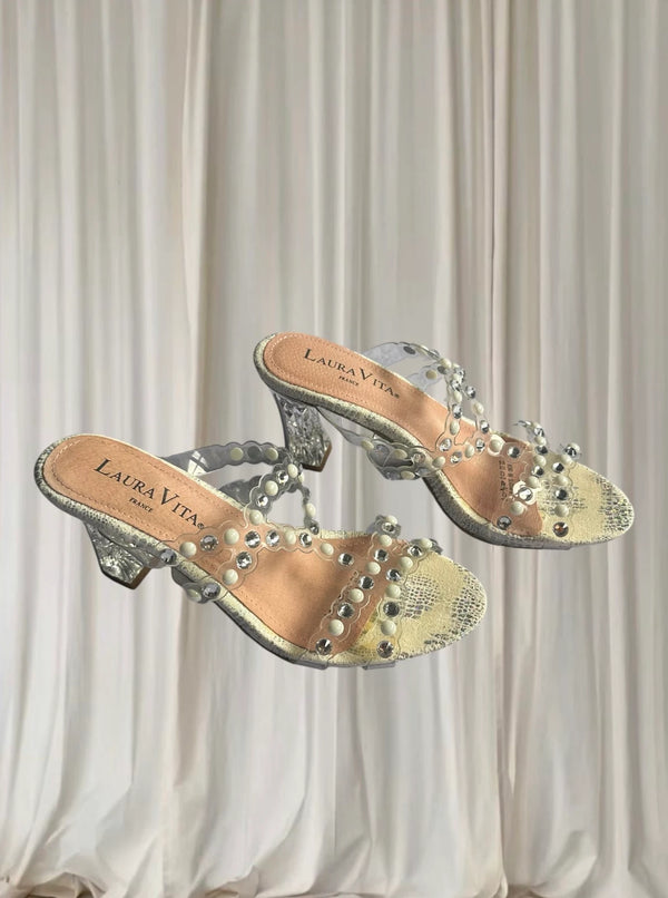 Laura Vita Block Heel Sandals - Rhinestone and Pearl Embellished Clear Straps 37 - Image 1
