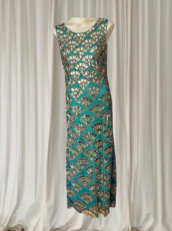 Princess Charlotte Charlie Brown Evening Gown - Art Deco Beaded Teal Green XS - Image 1
