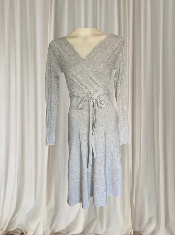 Vintage Y2K Sunny Girl Ribbed Knit Wrap Dress - Long Sleeve Midi in Grey S - Image 1