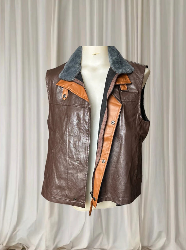 Vintage Style Faux Leather Vest - Brown Sleeveless Jacket with Faux Fur Collar L - Image 1