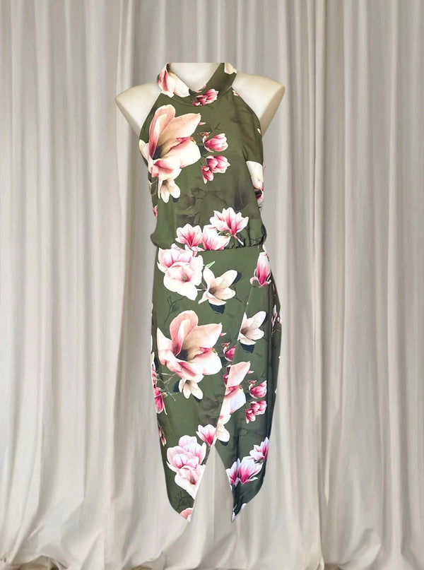 Jayson Brunsdon Floral Halter Neck Dress - Olive Green Magnolia Print M - Image 1