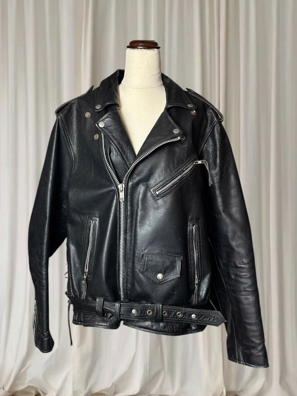 Vintage Leather Motorcycle Biker Jacket - Classic Black Genuine Leather L - Image 1