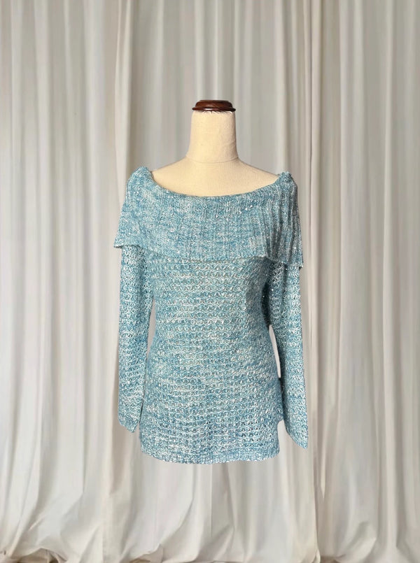 Metallic Off-the-Shoulder Knit Sweater - Blue Silver Women's M - Image 1