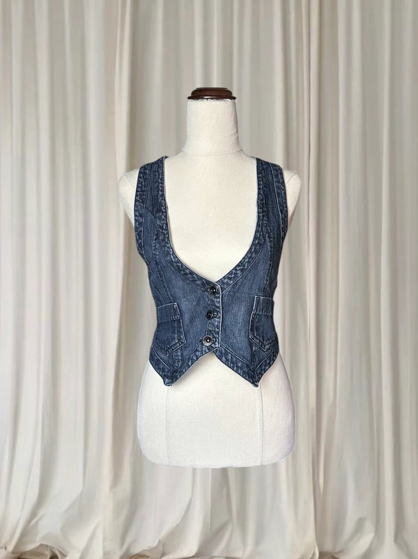 Vintage Denim Vest - Classic Dark Blue Tailored Waistcoat M - Image 1