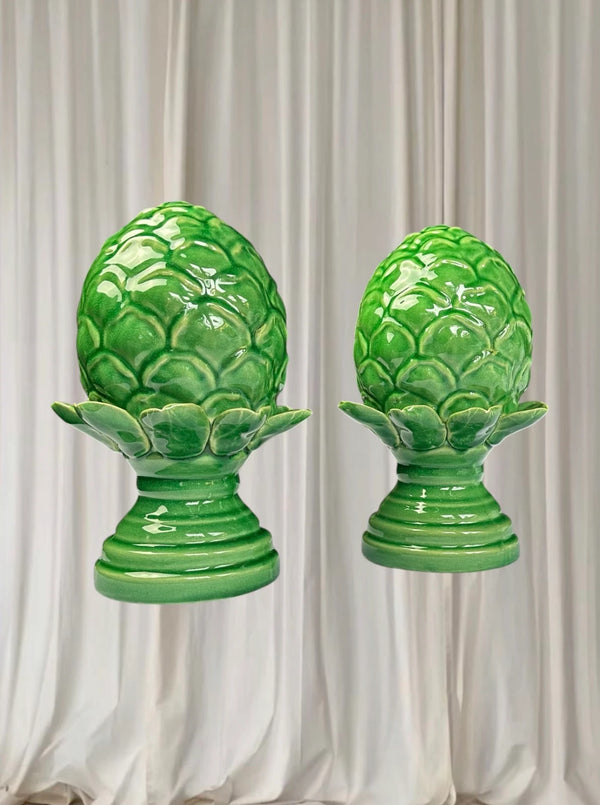 Italian Ceramic Pigna Artichoke Finial Statues - Set Of Two Green Home Decor - Image 1