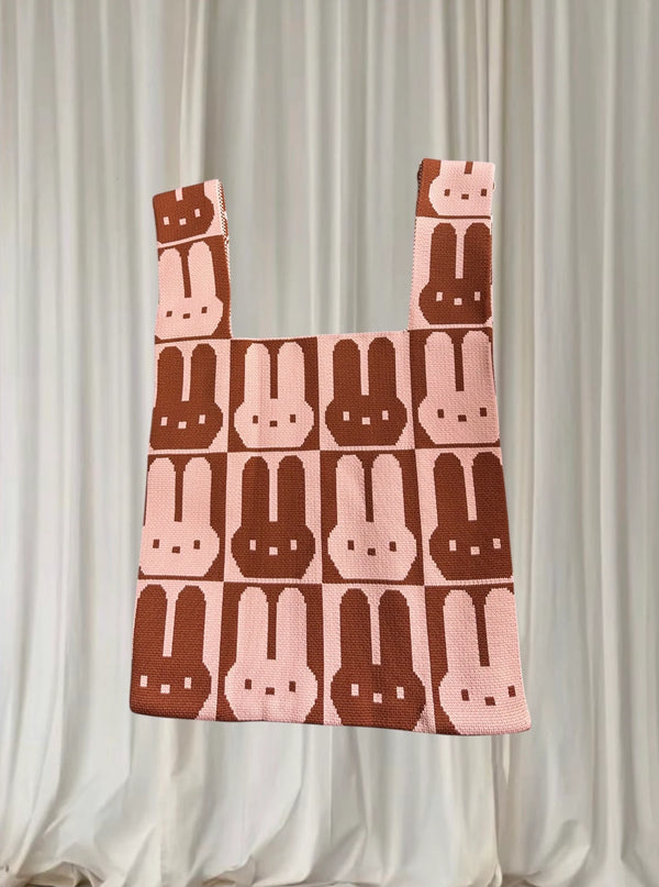 D.Kelly Japan Rabbit Bunny Knit Tote Bag - Pink and Brown Checkerboard. Miffy Style - Image 1