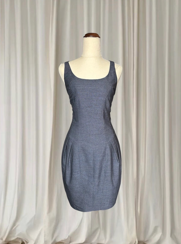 Grey Pinstripe Sleeveless Sheath Dress - Tailored Office Wear AU8 - Image 1