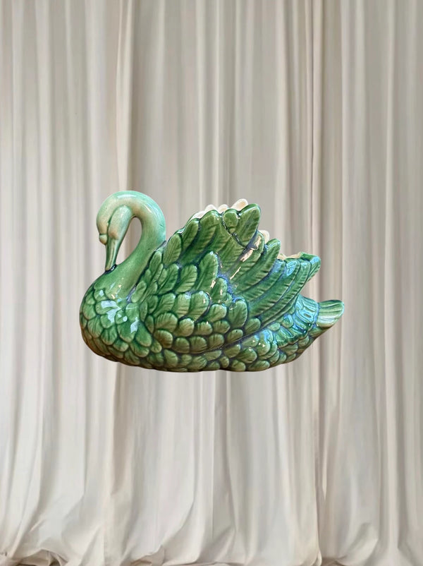 Vintage Pottery Swan Planter Vase - Vibrant Green Mid-Century Decor - Image 1