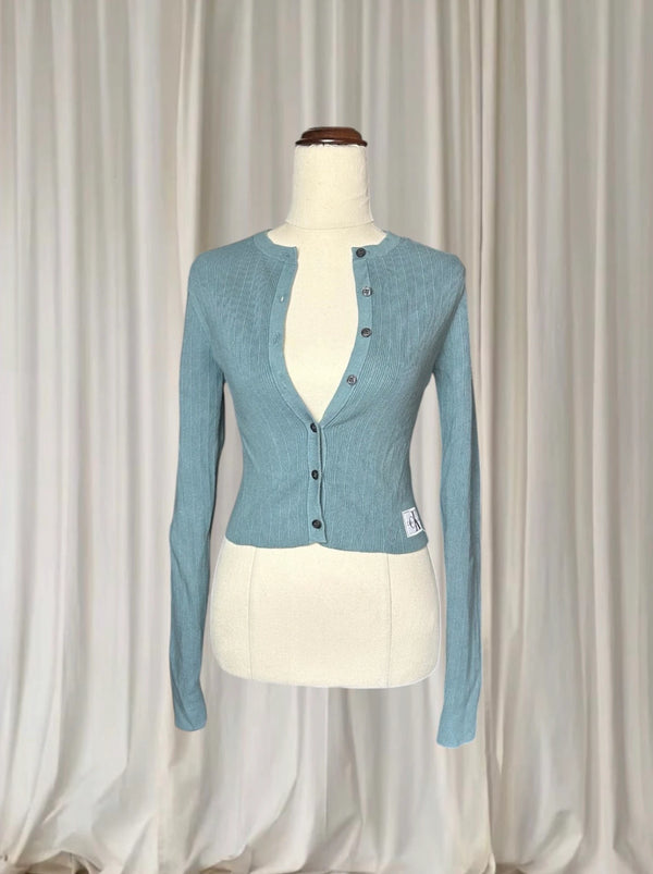 Calvin Klein Ribbed Button-Down Cardigan Long Sleeve - Blue Fitted Knit S - Image 1