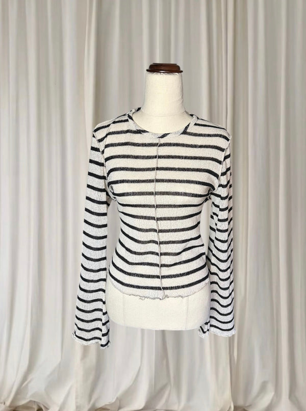 &Me Striped Raw Edge Knit Long Sleeve Top - Black And Cream - Image 1