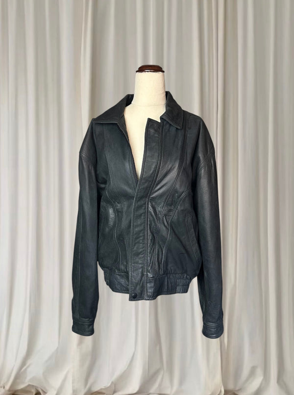 90s Vintage Huntley Genuine Leather Black Bomber Jacket Small