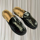 Too Many Shoes Croc-Embossed Mules - Black Faux Fur Lined Slip-Ons - Image 1