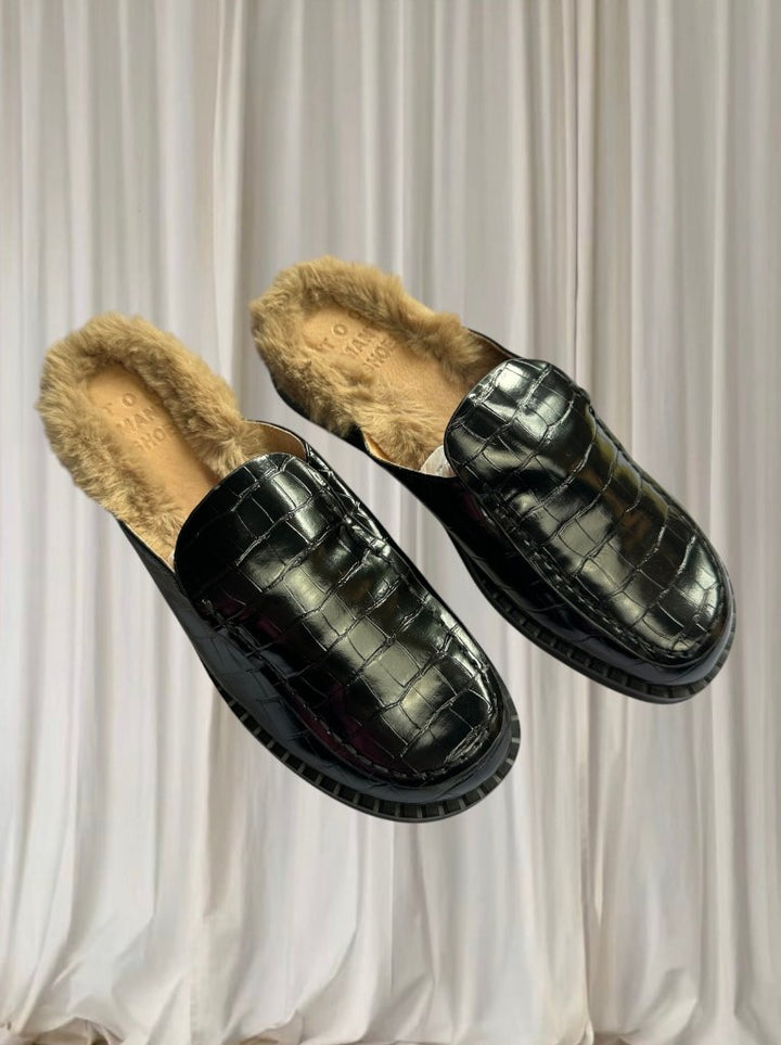 Too Many Shoes Croc-Embossed Mules - Black Faux Fur Lined Slip-Ons - Image 1