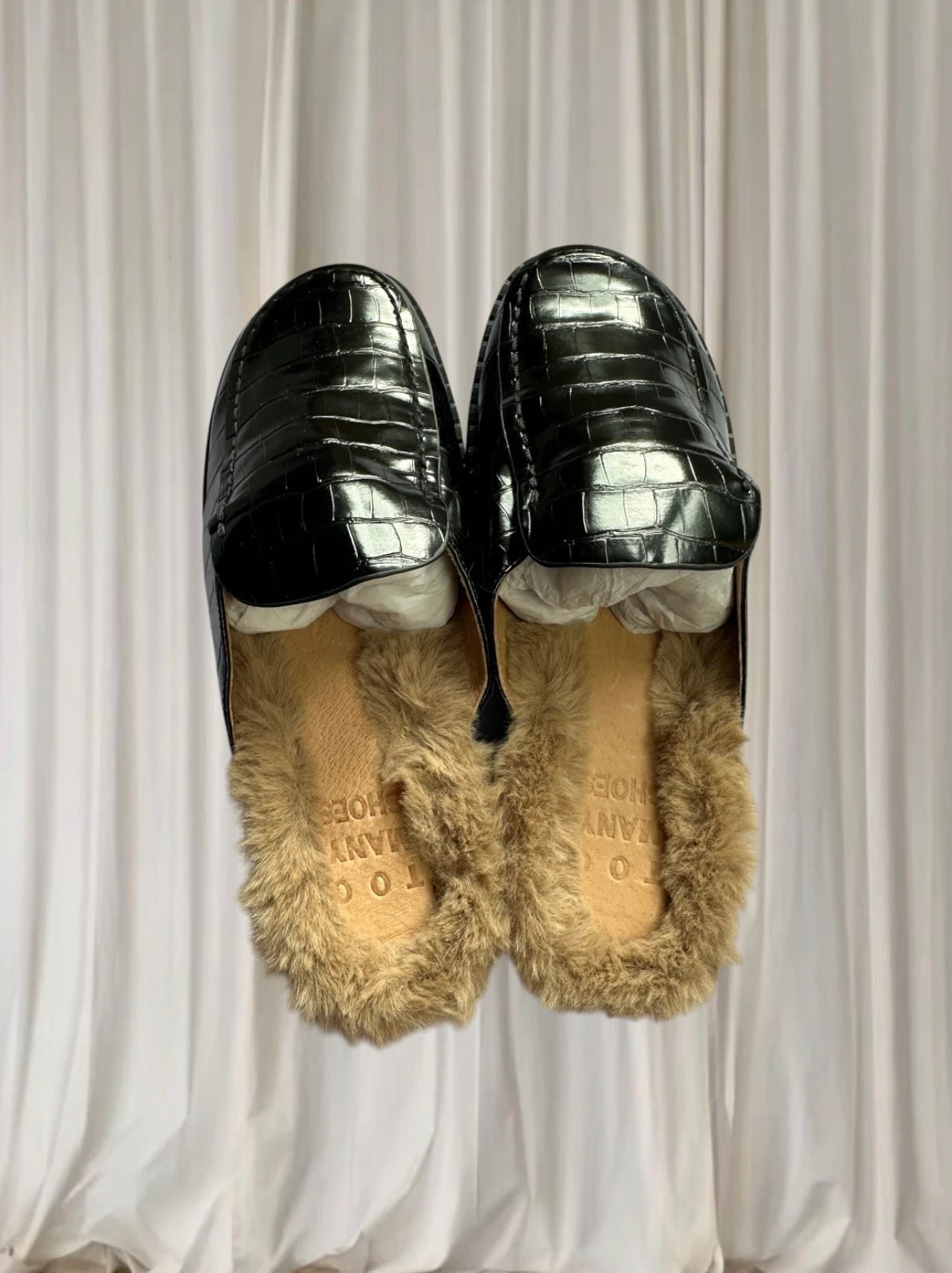 Too Many Shoes Croc-Embossed Mules - Black Faux Fur Lined Slip-Ons - Image 2