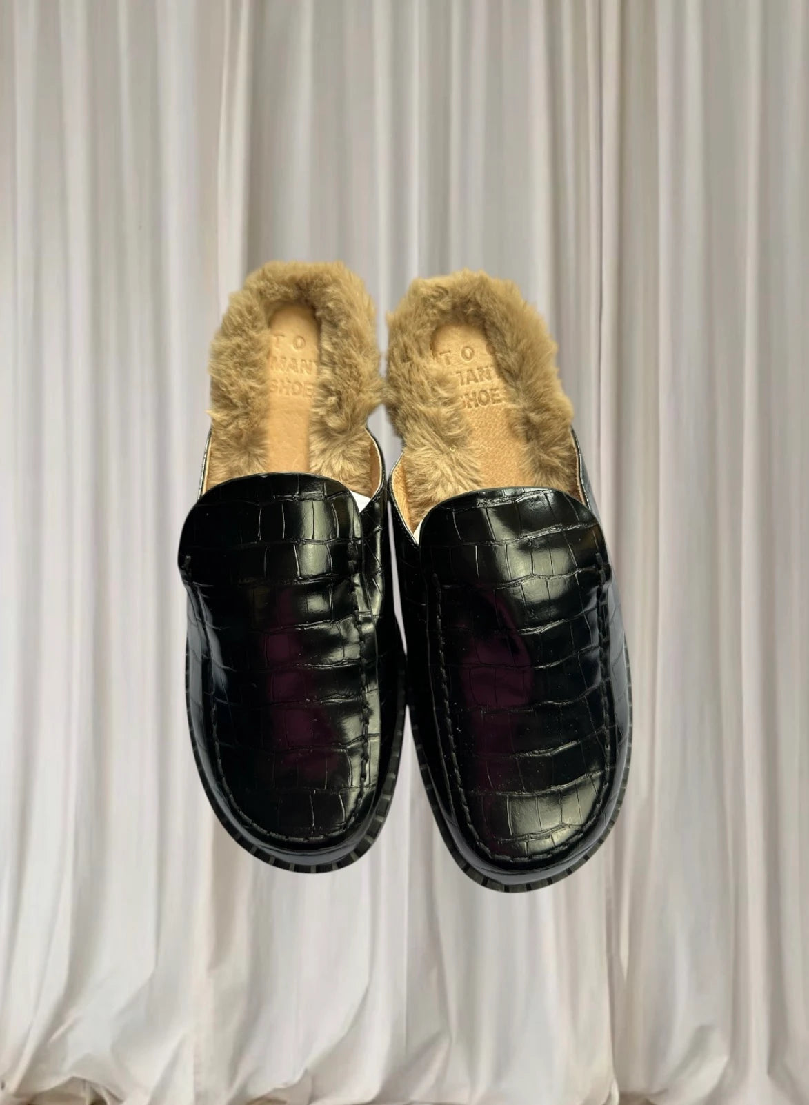 Too Many Shoes Croc-Embossed Mules - Black Faux Fur Lined Slip-Ons - Image 3