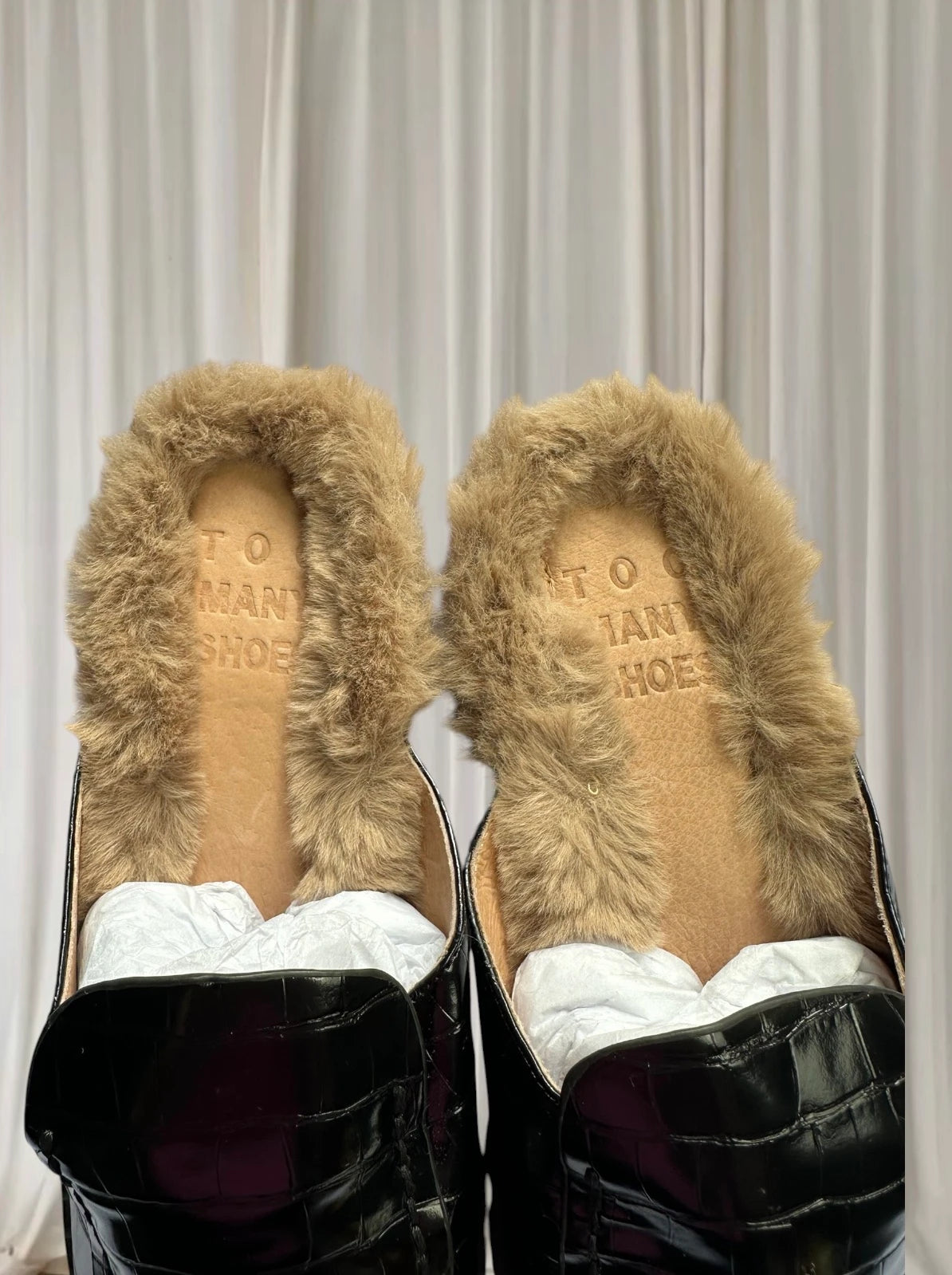 Too Many Shoes Croc-Embossed Mules - Black Faux Fur Lined Slip-Ons - Image 4