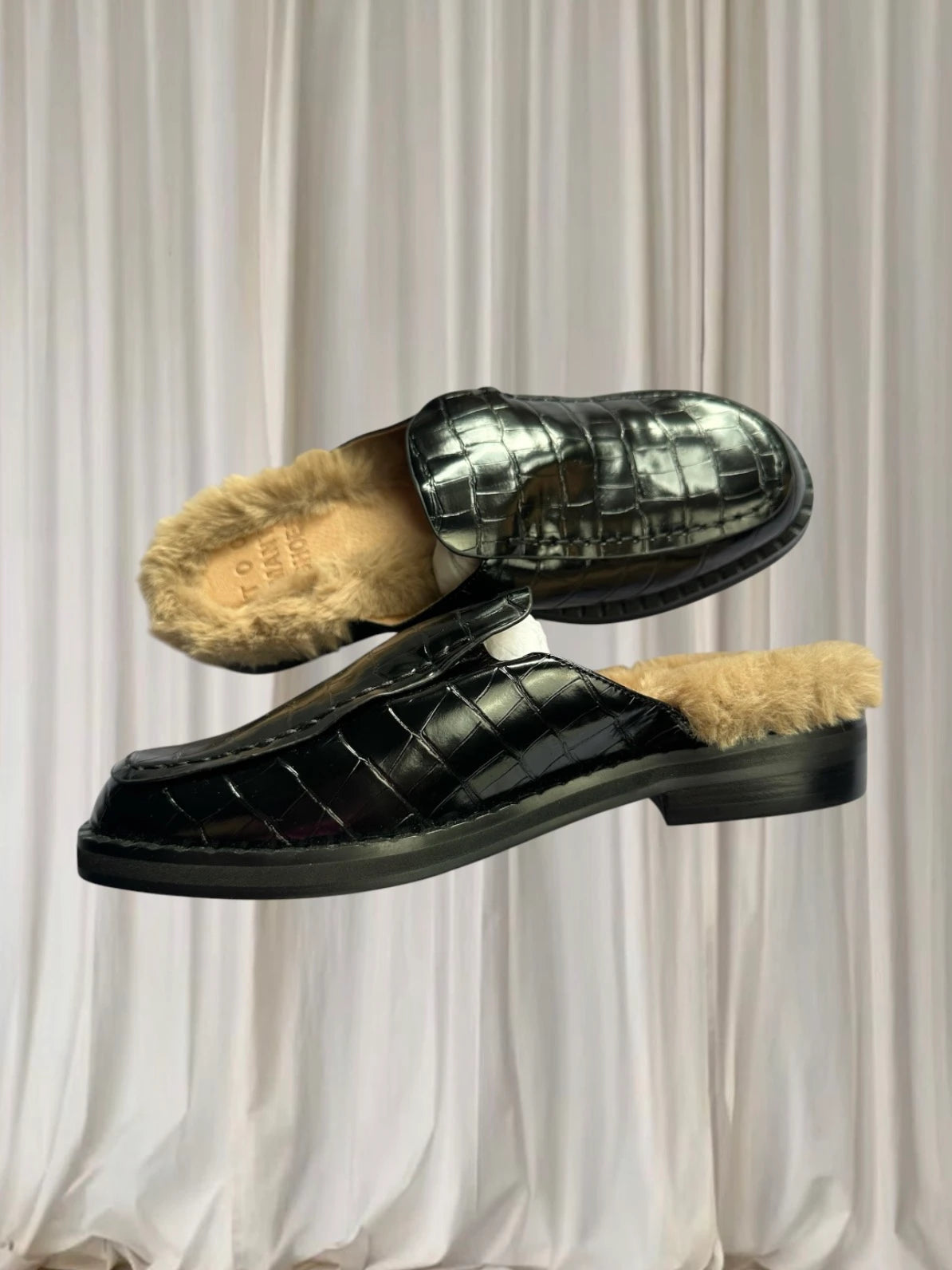 Too Many Shoes Croc-Embossed Mules - Black Faux Fur Lined Slip-Ons - Image 5