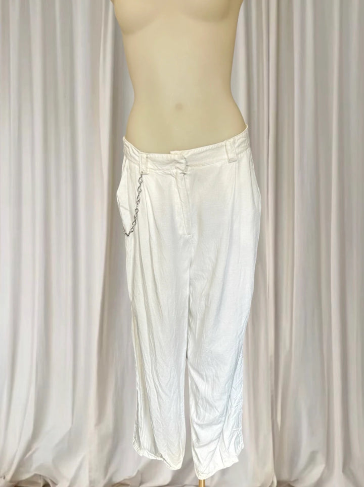 Lioness White Linen Pants - Relaxed Fit With Silver Hardware Detail - Image 1