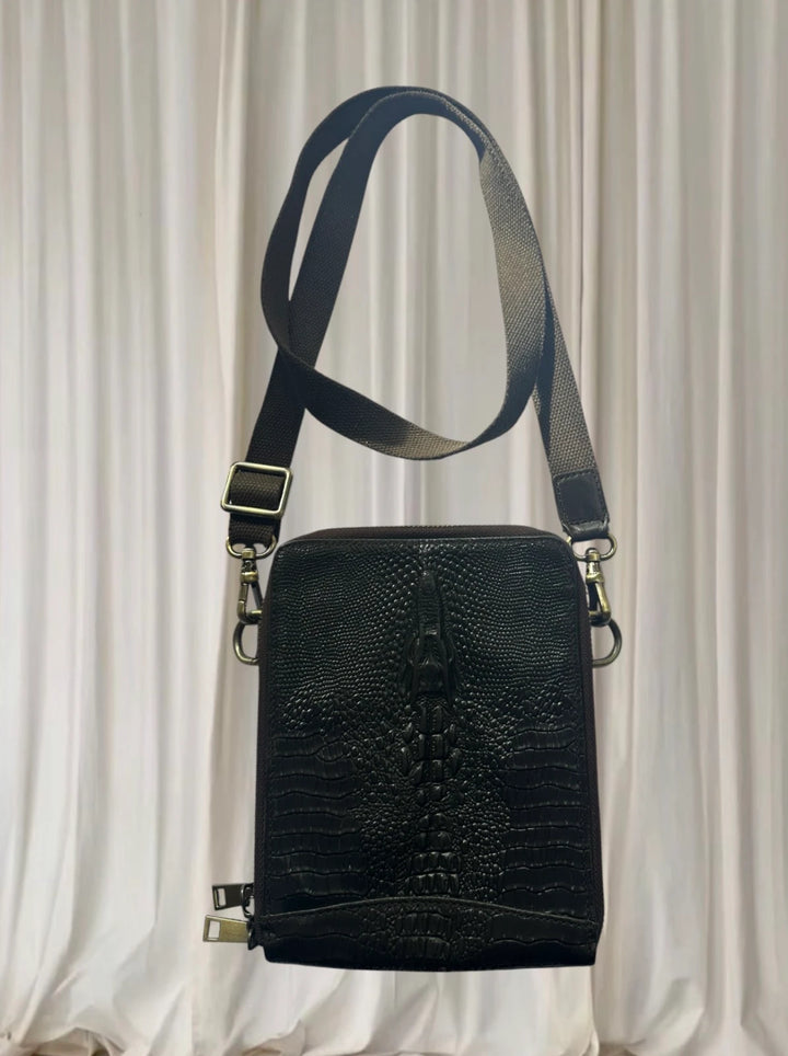 Men's Crocodile Pattern Embossed Leather Crossbody Messenger Bag - Dark Brown - Image 1