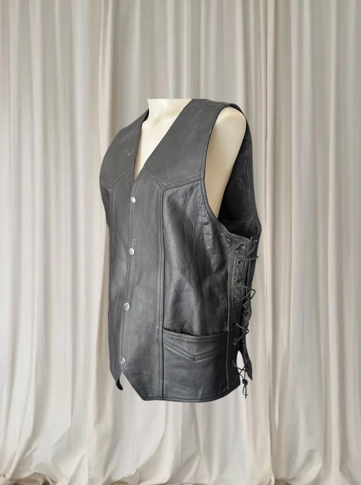 BikerGear Men's Genuine Leather Motorcycle Vest - Adjustable Side Lace Up Design - Image 2
