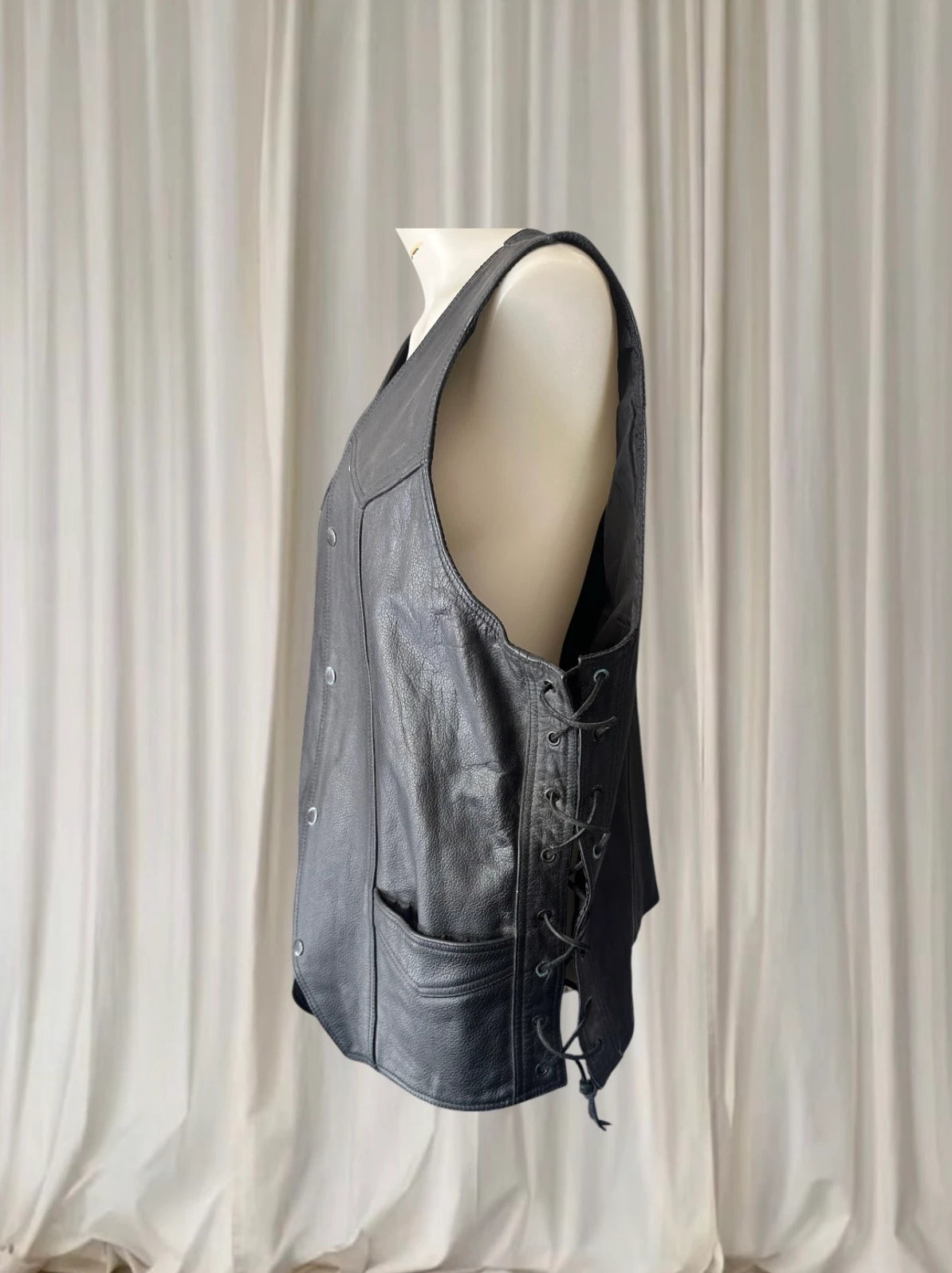 BikerGear Men's Genuine Leather Motorcycle Vest - Adjustable Side Lace Up Design - Image 3