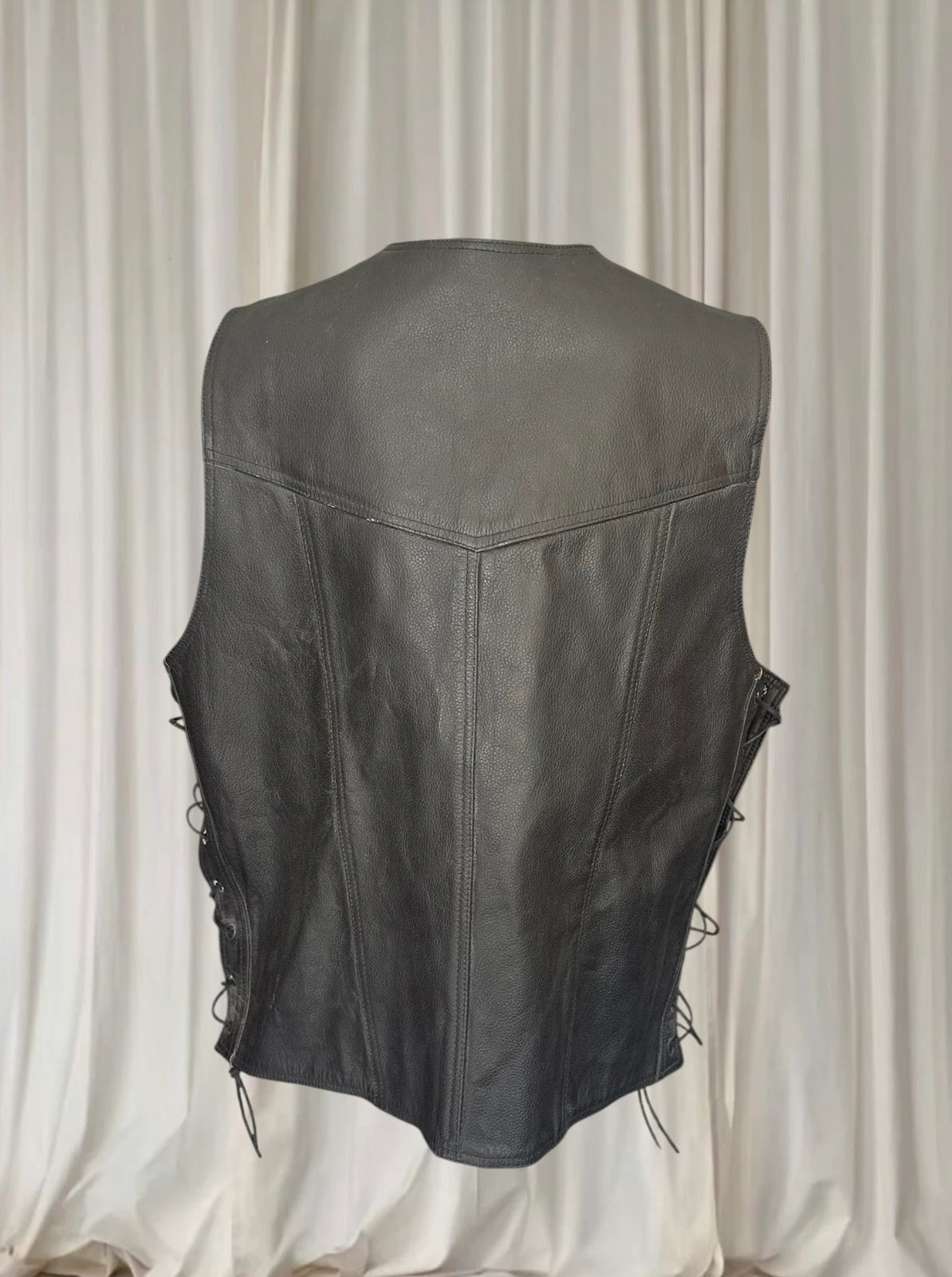 BikerGear Men's Genuine Leather Motorcycle Vest - Adjustable Side Lace Up Design - Image 6