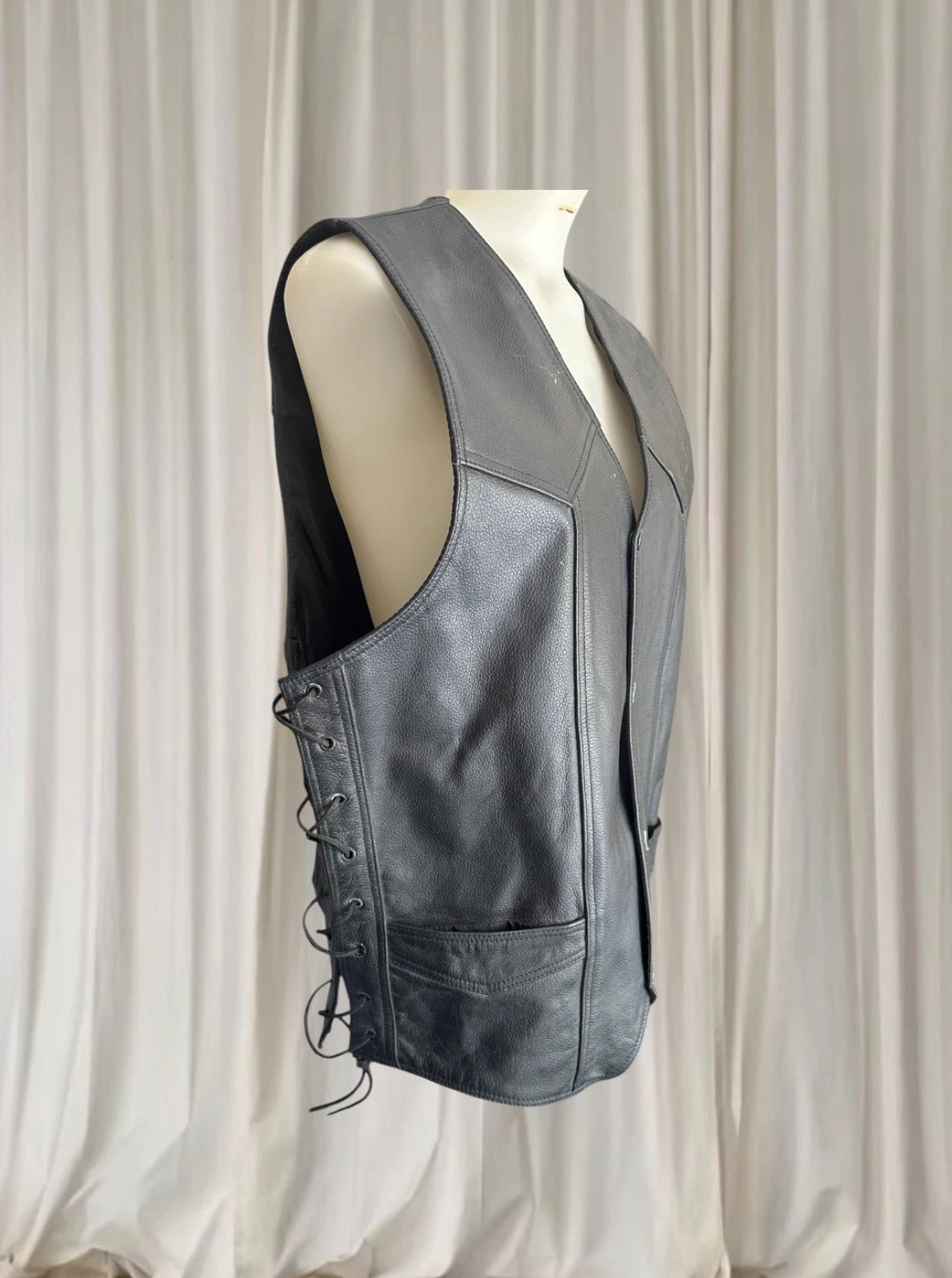 BikerGear Men's Genuine Leather Motorcycle Vest - Adjustable Side Lace Up Design - Image 4