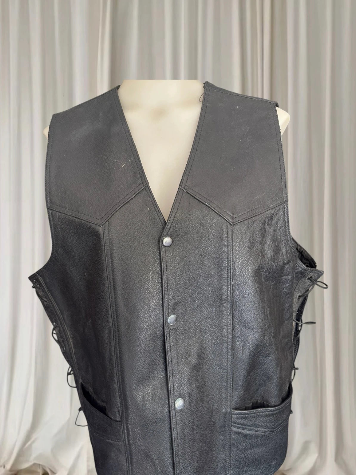 BikerGear Men's Genuine Leather Motorcycle Vest - Adjustable Side Lace Up Design - Image 5