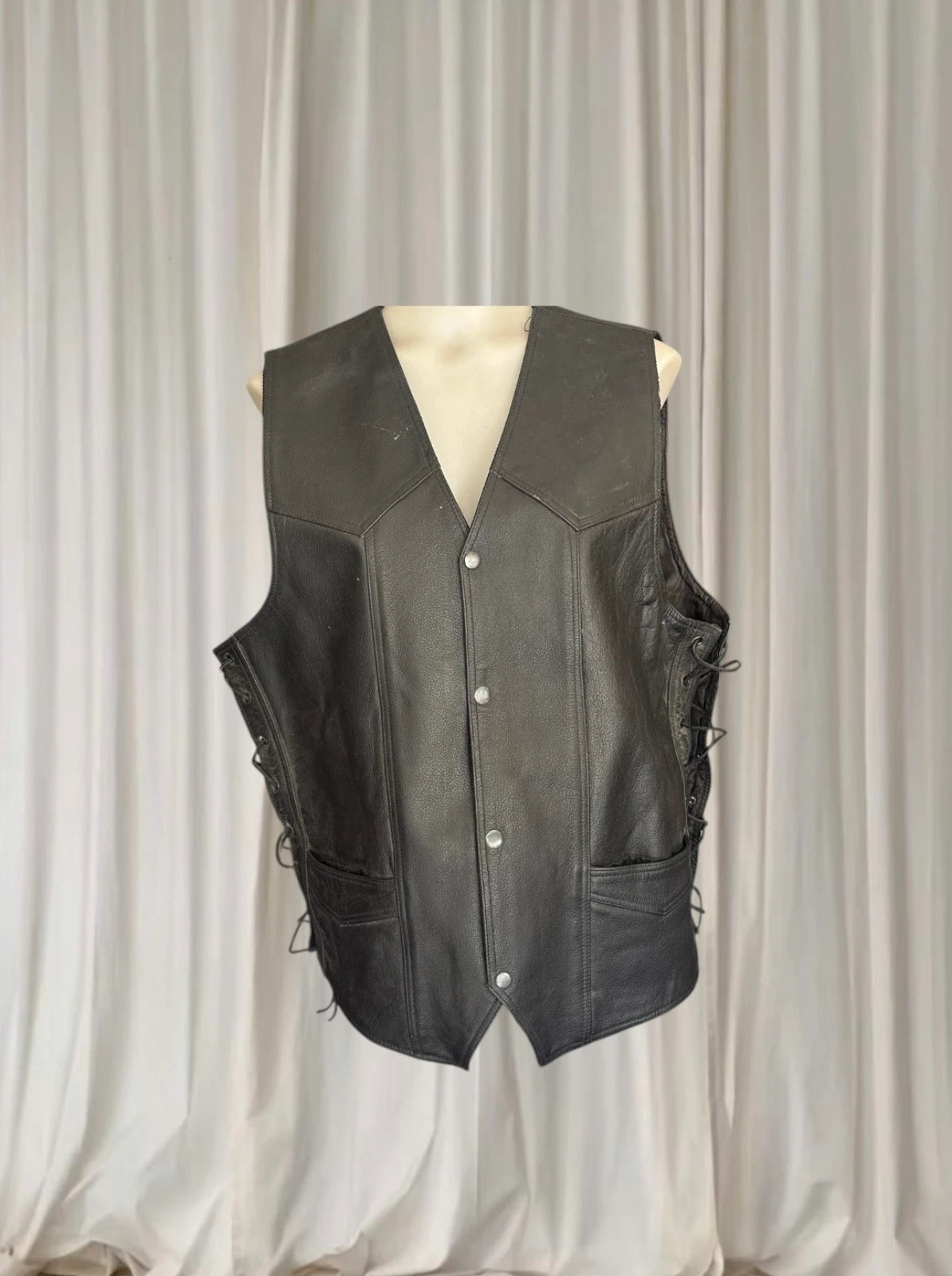 BikerGear Men's Genuine Leather Motorcycle Vest - Adjustable Side Lace Up Design - Image 1