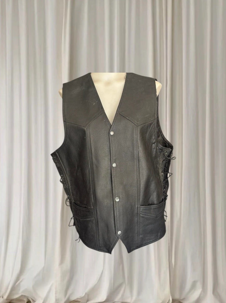 BikerGear Men's Genuine Leather Motorcycle Vest - Adjustable Side Lace Up Design - Image 1