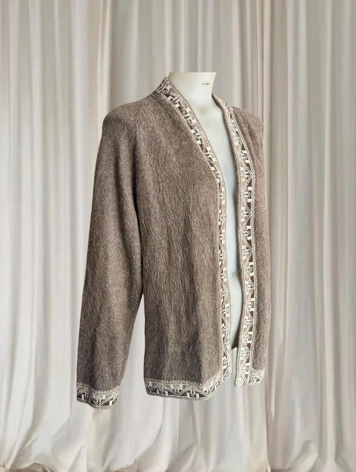 Alpasur Alpaca Wool Cardigan - Vintage Brown Geometric Trim - Image 2