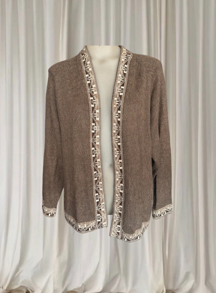 Alpasur Alpaca Wool Cardigan - Vintage Brown Geometric Trim - Image 1
