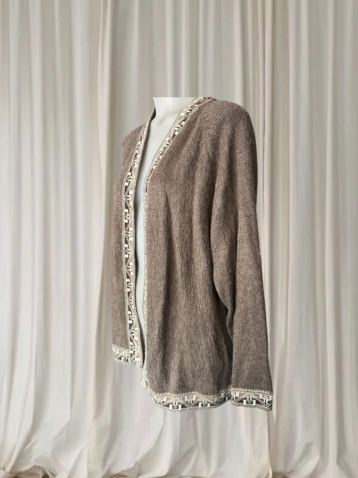 Alpasur Alpaca Wool Cardigan - Vintage Brown Geometric Trim - Image 3