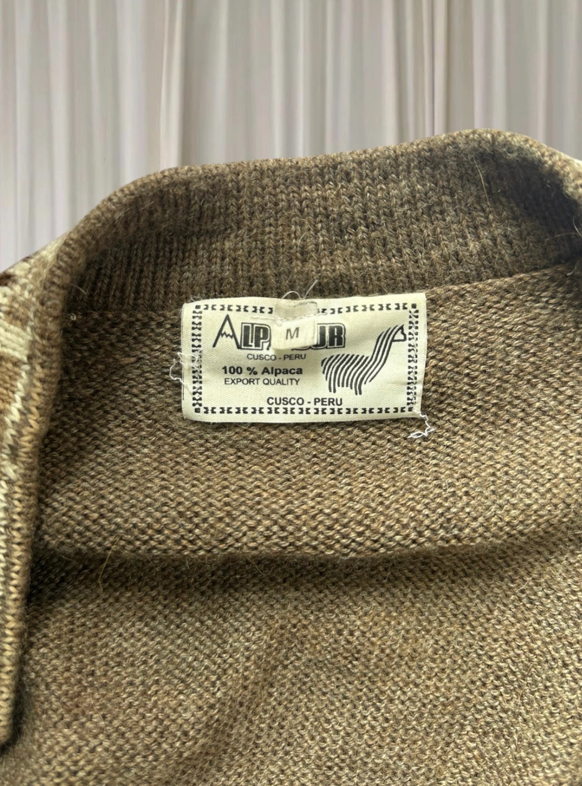 Alpasur Alpaca Wool Cardigan - Vintage Brown Geometric Trim - Image 5