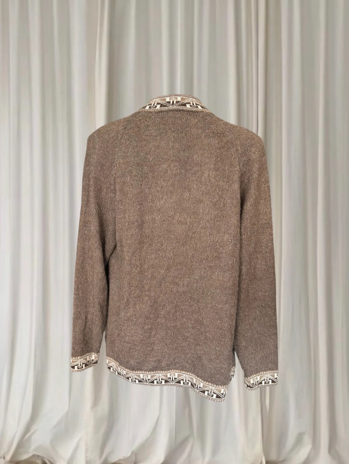 Alpasur Alpaca Wool Cardigan - Vintage Brown Geometric Trim - Image 4