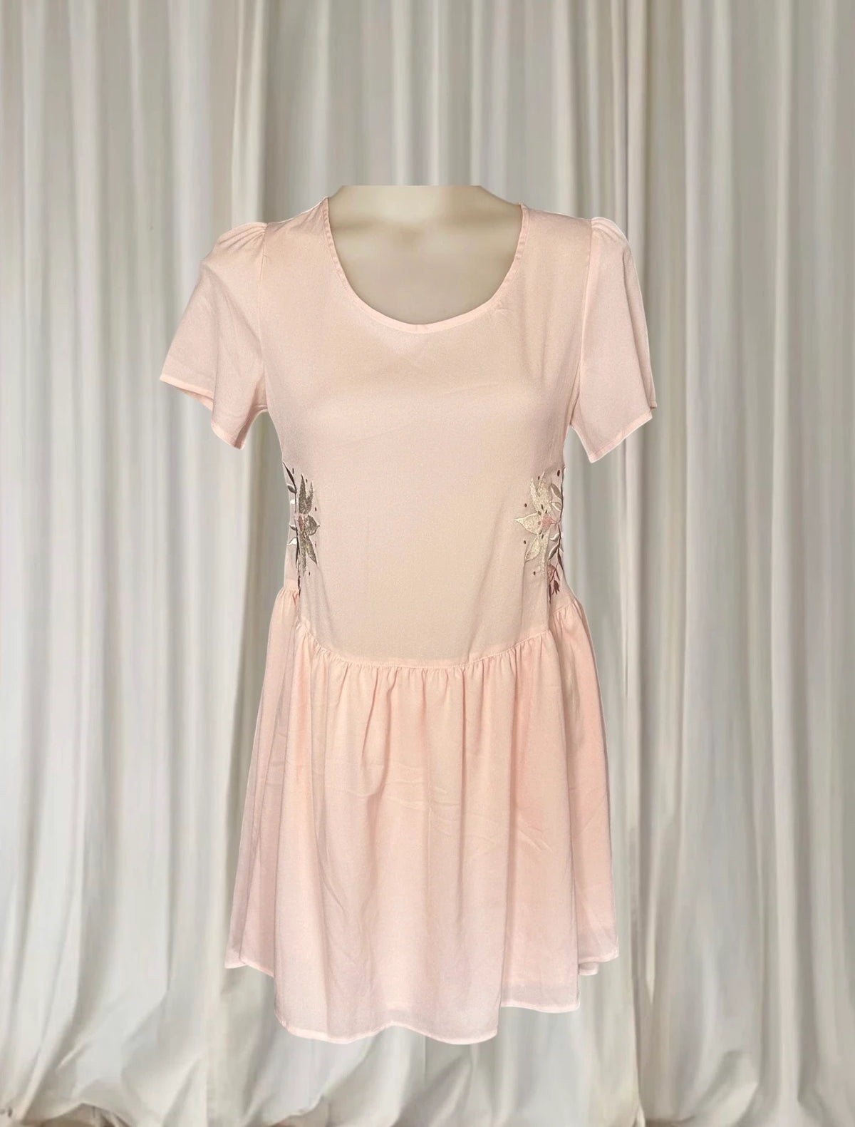 Rhythm Livin Sew Much Fun Dress - Pale Pink Embroidered Drop Waist Mini - Image 1