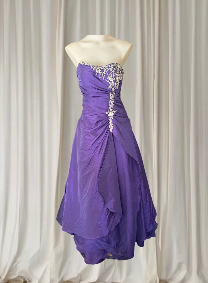 Scarlett Vintage Strapless Purple Taffeta Evening Gown - Beaded Applique - Image 1