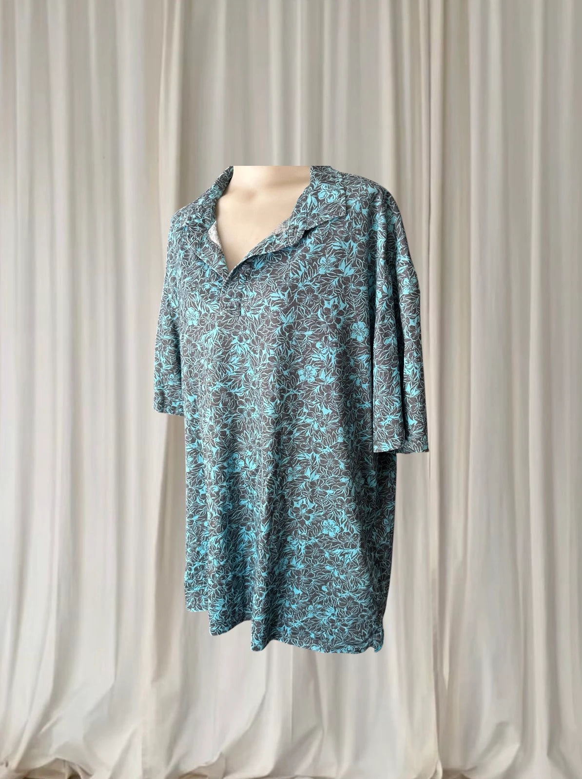 Tori Richard Honolulu Polo Shirt - Vintage Blue Grey Hibiscus Floral Print - Image 4
