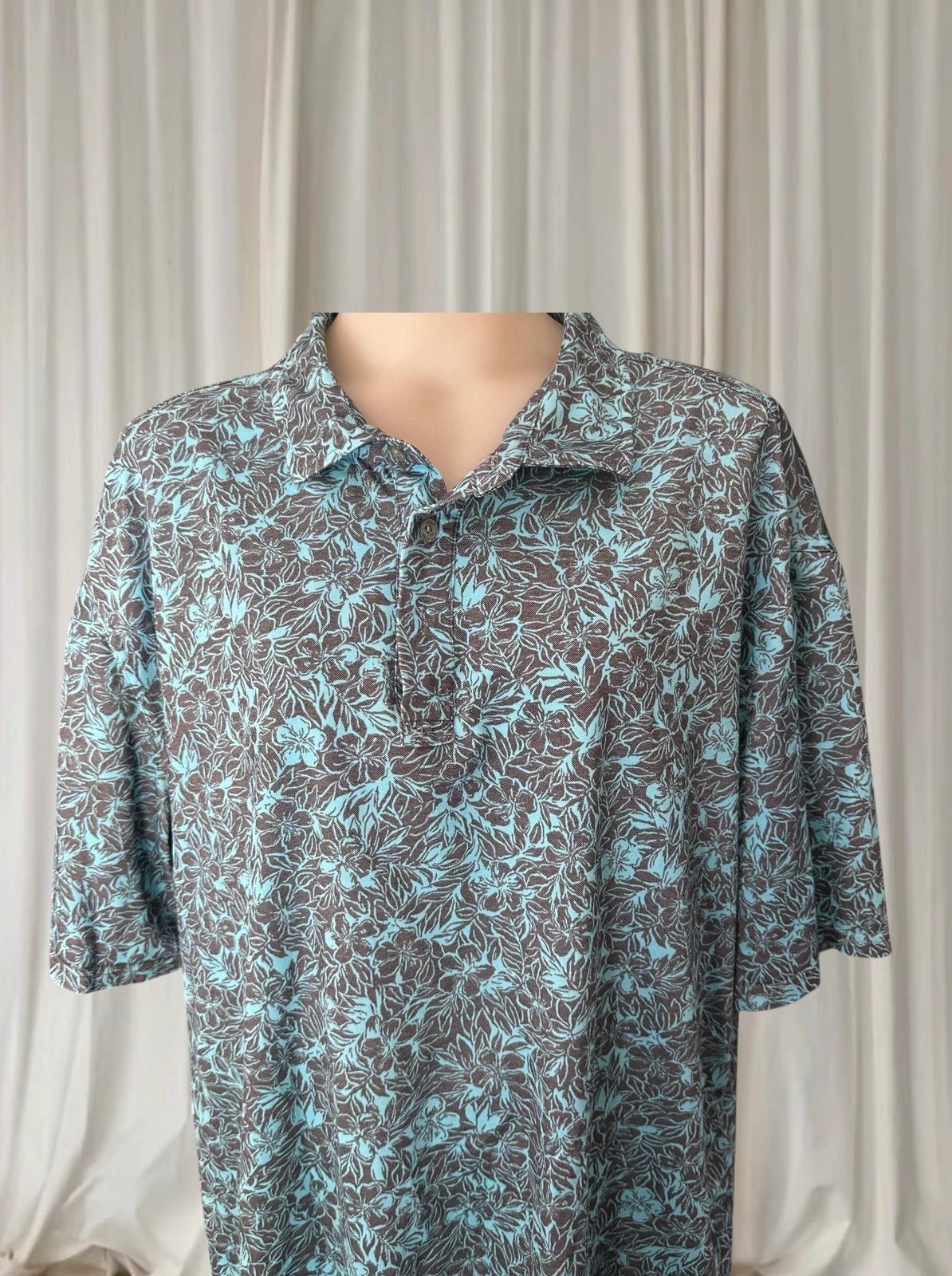 Tori Richard Honolulu Polo Shirt - Vintage Blue Grey Hibiscus Floral Print - Image 2