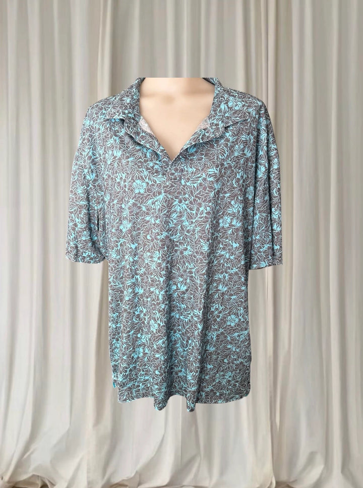 Tori Richard Honolulu Polo Shirt - Vintage Blue Grey Hibiscus Floral Print - Image 1
