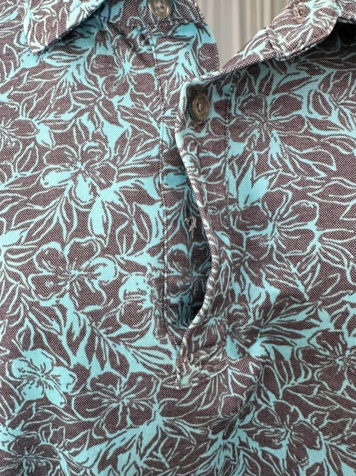 Tori Richard Honolulu Polo Shirt - Vintage Blue Grey Hibiscus Floral Print - Image 6