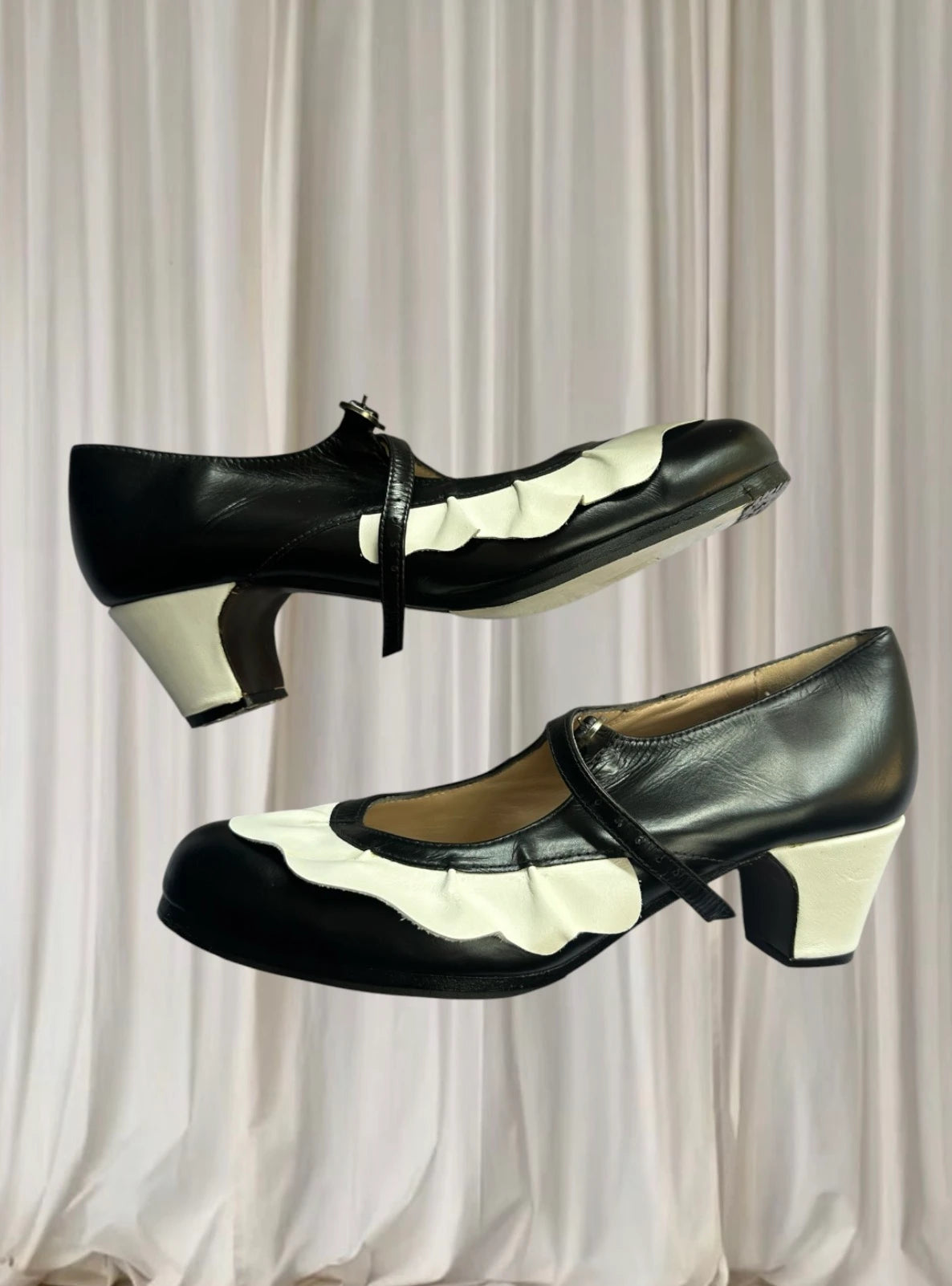 Begona Cervera Flamenco Dance Shoes - Black and Cream Leather Mary Janes - Image 2