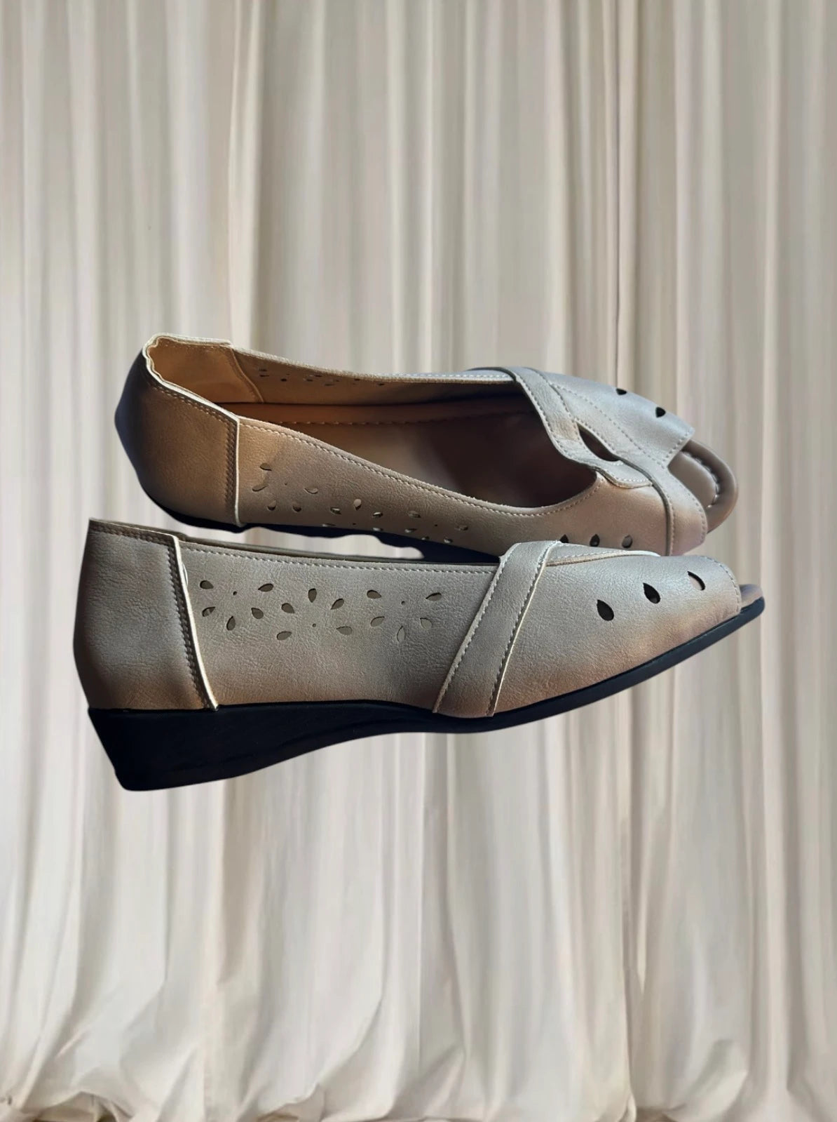 Women's Laser Cut Peep Toe Wedge Sandals - Beige Brown Comfort Shoes - Image 2