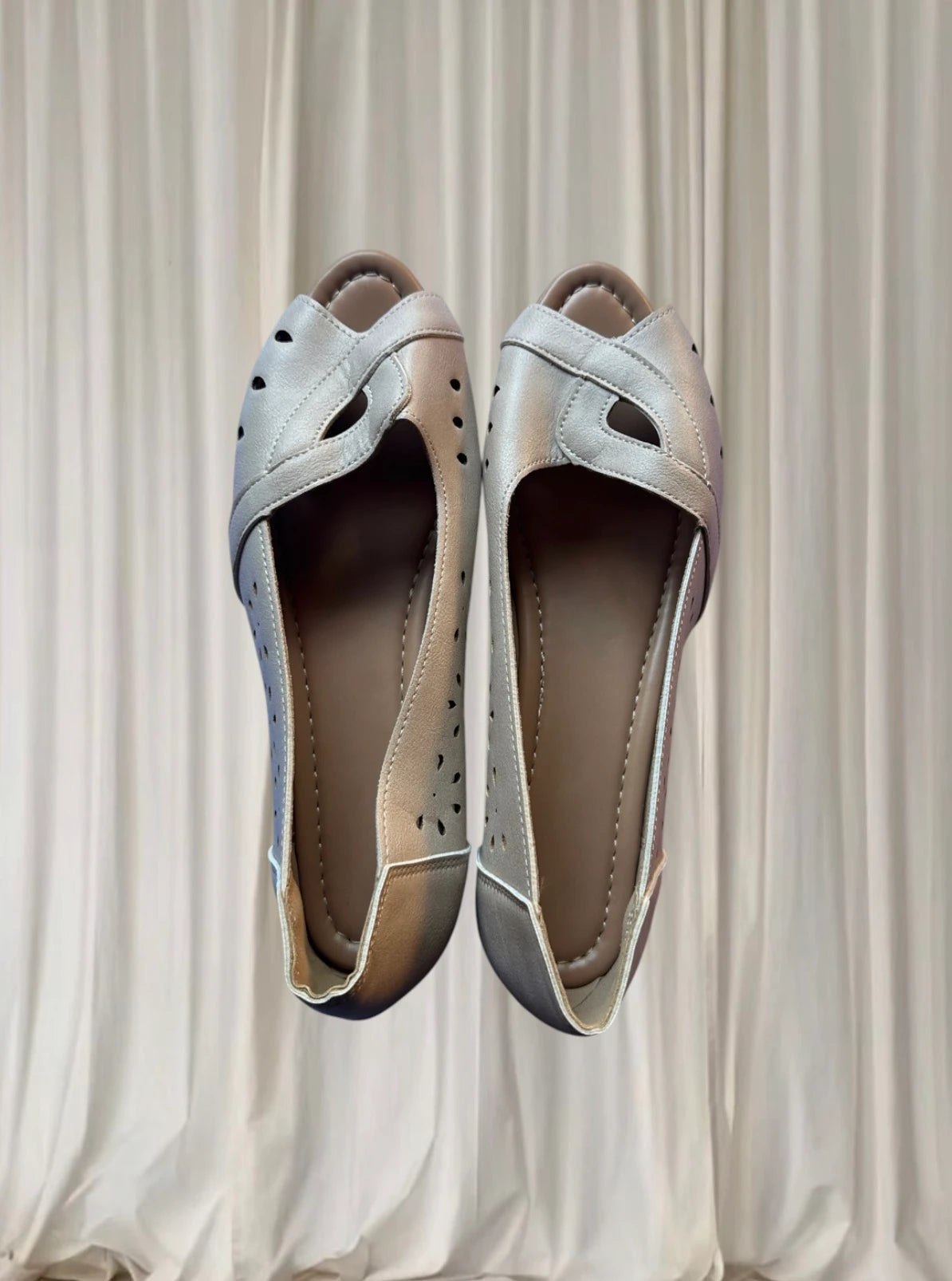 Women's Laser Cut Peep Toe Wedge Sandals - Beige Brown Comfort Shoes - Image 4
