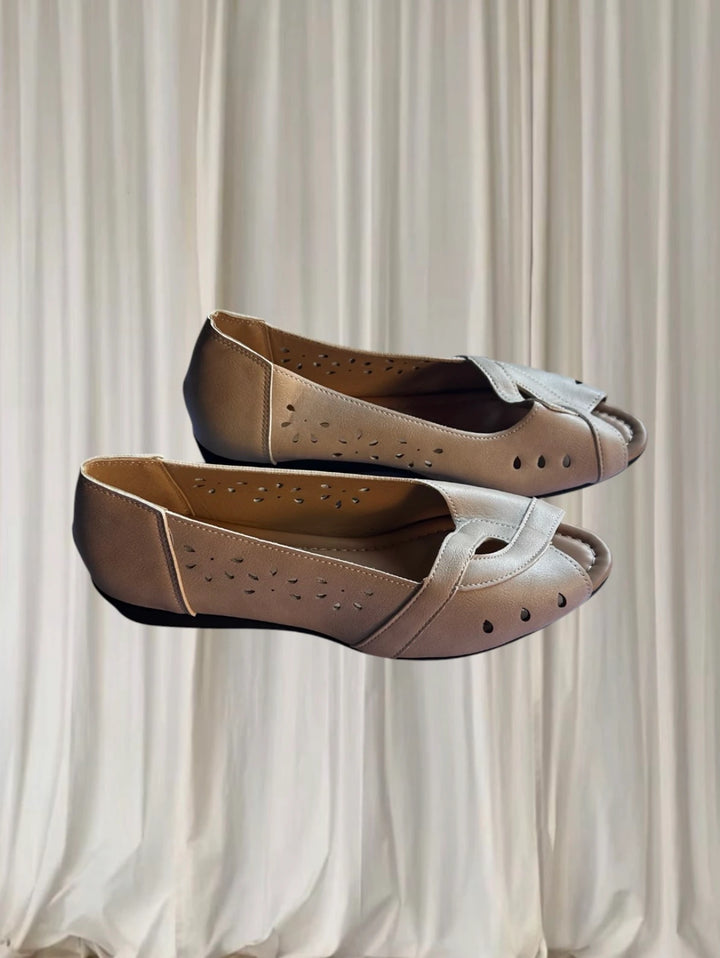 Women's Laser Cut Peep Toe Wedge Sandals - Beige Brown Comfort Shoes - Image 1